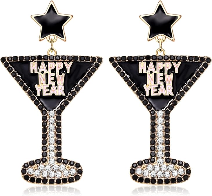 Happy New Year Earrings for Women Beaded Champagne Bottle Glass Earrings Handmade New Years Eve Dance Party Earrings Holiday Festive Earrings New Year Gifts