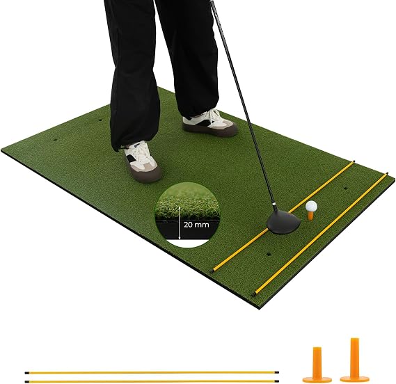 GYMAX 5FT x 3FT/4FT Golf Hitting Mat, Artificial Turf Grass Mat with 2 Rubber Tees & 2 Golf Alignment Stick, Indoor Outdoor Golf Stance Mat for Driving & Chipping Practice (20mm thick, 152 x 117cm)