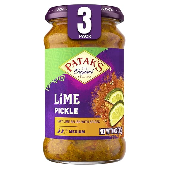 Pataks Medium Lime Pickle - Authentic Indian Relish w/Lime Dices, Mustard Seeds & Aromatic Spices - Perfect for Sandwiches, Curries & Cold Meats - Indian Pickle - 10oz Jar (Pack of 3)