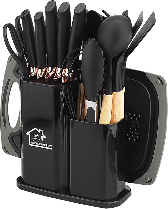 19 Piece Kitchen Knife Set, Silicone Kitchen Utensil Set, Includes Five Knives and a Cutting Board, with Storage Box (Black)