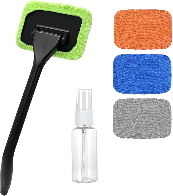 Car Windshield Cleaning Tool, Microfiber Windscreen Cleaner with 4 Washable Cloth Pads & Spray Bottle, Reusable Window Cleaning Kit with Detachable Handle for Auto Glass Wiper
