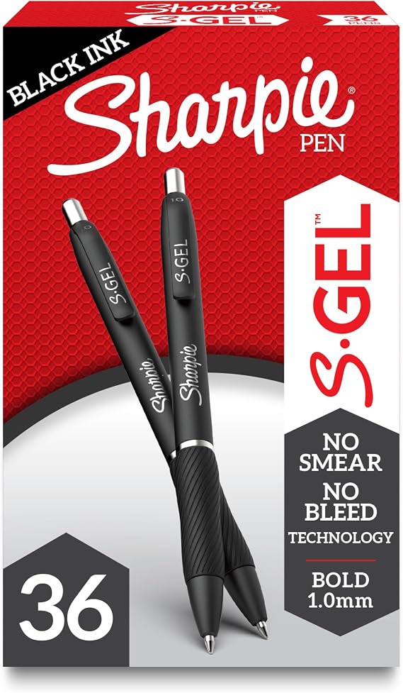 Sharpie S Gel Pens, Bold Point, 1.0 mm, Black Barrel, Black Ink, Pack Of 36 Pens