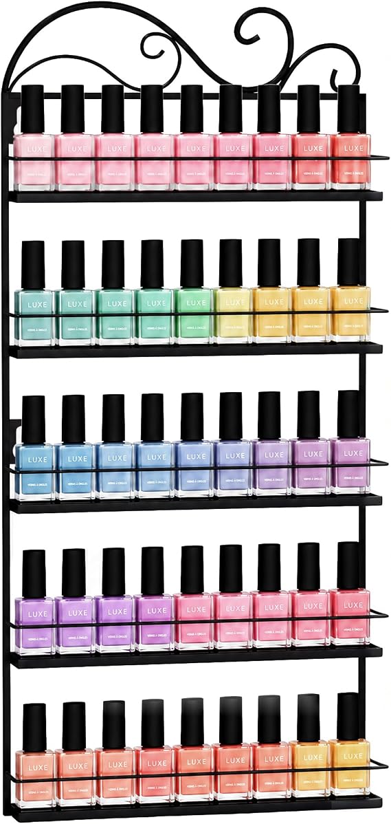 ERYTLLY Wall Mounted Nail Polish Rack, Rectangle Nail Storage Organizer, Salon Shelf Organizer (Black)