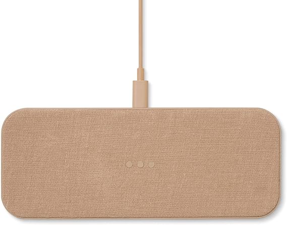Courant Catch:2 - Belgian Linen Dual Wireless Charging Pad - Compatible with iPhone 11, X, SE, Galaxy S23, S22, S21, S20, Note, AirPods/Pro (Camel)