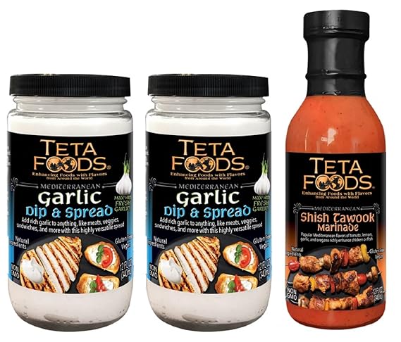 Teta Foods Assorted Selection of Middle Eastern Dressings and Marinades (2 Garlic, 1 Tawook)