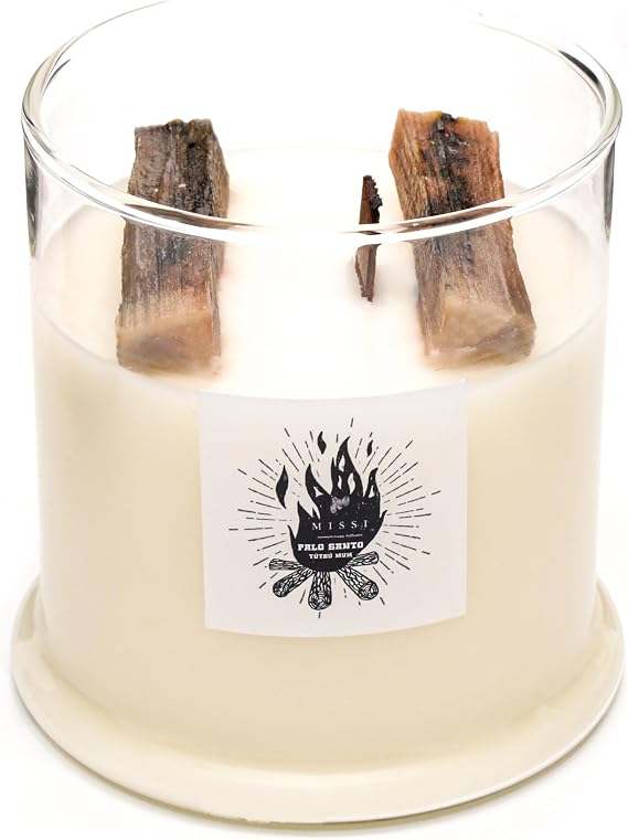 Büyük Üfleme Cam Ahşap Fitilli Palo Santo Vegan Mum (380 gr)