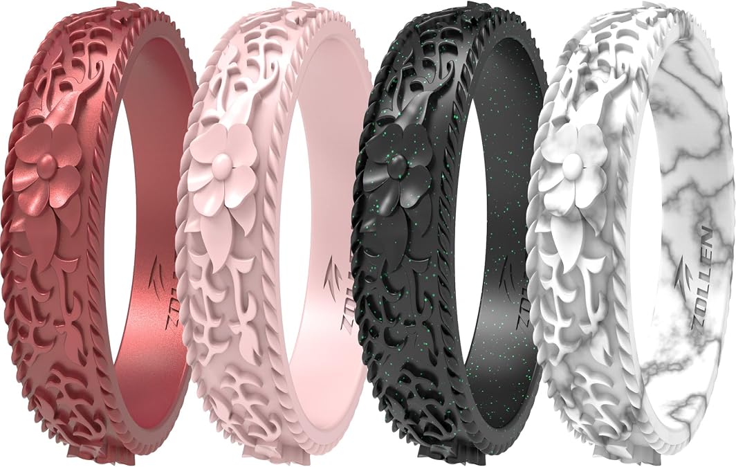 Silicone Wedding Rings for Women 1/4/7 Packs -Stackable Silicone Rubber Wedding Bands - Innovative Flower & Vine Collection