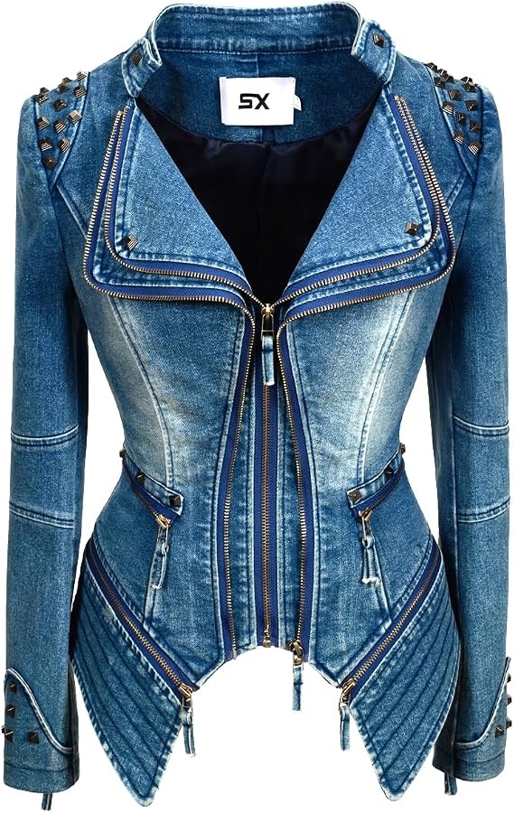 Women's Classic Denim Jacket Personality Studded Punk Motorcycle Dovetail Jacket