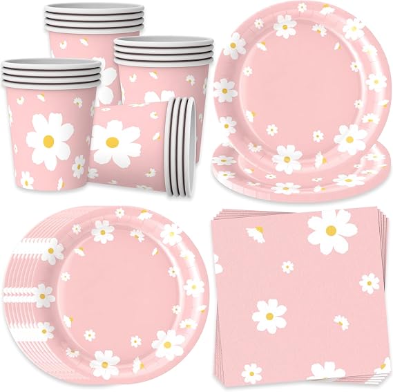 Bikasun daisy daisy party tableware set for 16 guests white pink flowers decoration for kids birthday party cups napkins paper plates