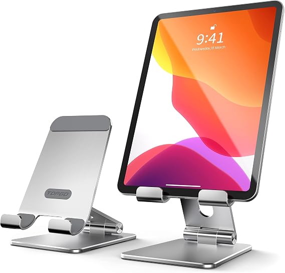 Adjustable Cell Phone Stand, [Fully Foldable & Wide Compatibility] Desktop Stand Holder with Charging Port for iPhone, iPad, Kindle, Tablets, Switch - Silver