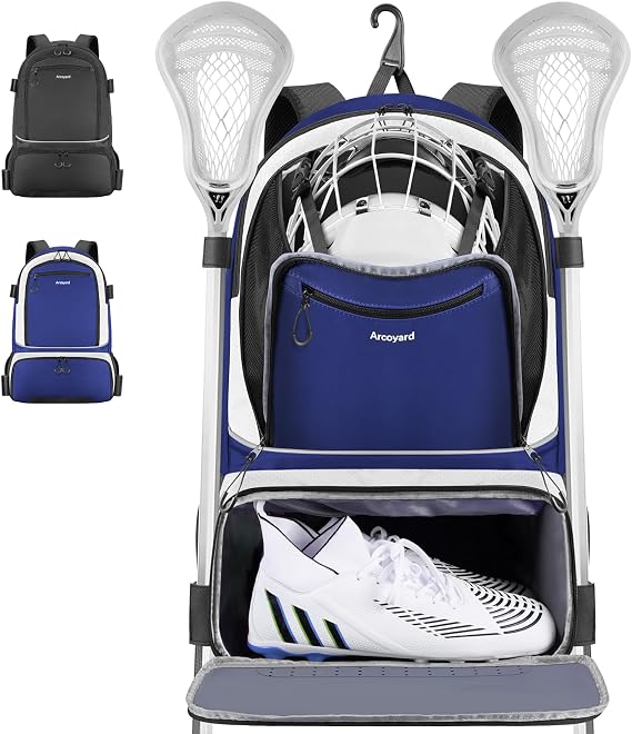 Arcoyard Extra Large Lacrosse Backpack with 2 Stick Holders, Professional Lacrosse Bag for Youth with Ventilated Cleats Compartment and Insulated Pocket, for All Field Hockey Gear