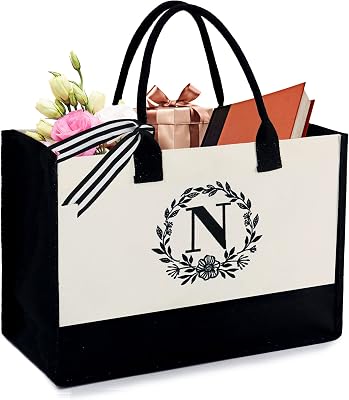 BeeGreen Embroidery Monogram Initial Tote Bag for Women Teacher Mom Friend Personalized Gift for Birthday Beach Wedding Work