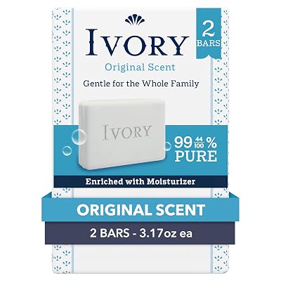 Ivory Gentle Bar Soap, Designed for Whole Family, 99.44% Pure Formula, Plant-Based Cleanser, Made Without Heavy Perfumes, Parabens & Phthalates, For All Skin Types, Original Scent, 3.17 oz 2 Count