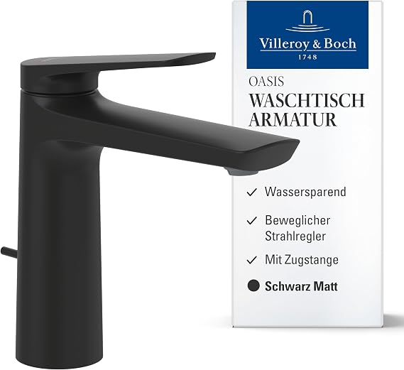 Villeroy & Boch 114mm Oasis Basin Mixer Tap with Pull Rod - Black