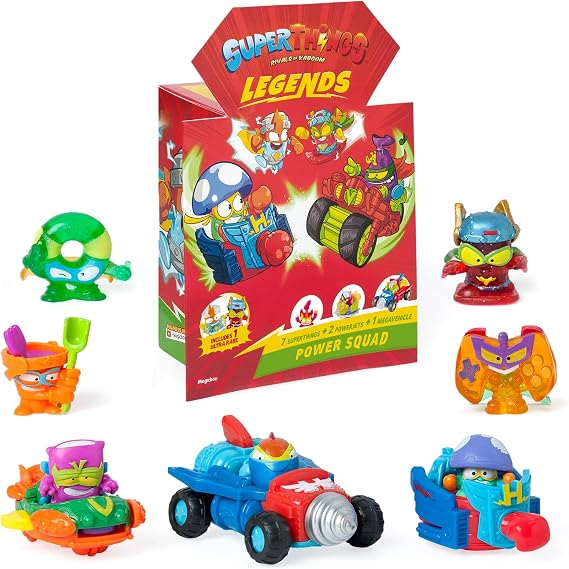 SUPERTHINGS Legends-Power Squad. Superpack of the legendary characters from SuperThings. Includes 6SuperThings, 2 PowerJets, 1 MegaVehicle and 1 ultrarare SuperThing. Contains products from series 1-9