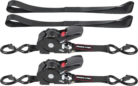 12FT Retractable Ratchet Straps, Motorcycle Tie Down Straps with S Hooks, Self Heavy Duty Ratchet Straps Include Loops for Trucks, Cargo, Motorcycles, Moving and Storage, 2 PCS