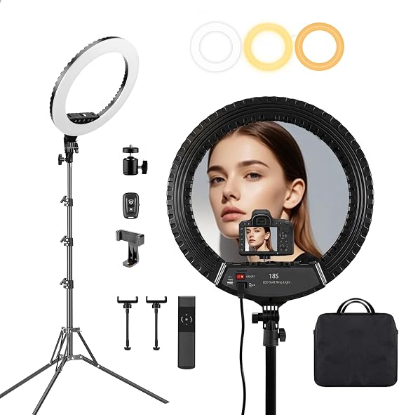 18 Inch LED Ring Light Kit with Tripod,CRI≥95, 3000K-6000K Adjustable Brightness & Color Temp, Includes Phone Holder & Remote for Live Streaming, YouTube, TikTok, Photography, Makeup