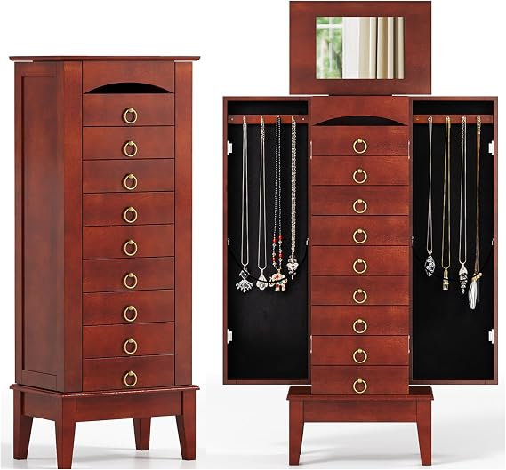 COSTWAY Standing Jewelry Cabinet, Wooden Jewelry Storage Chest with 9 Drawers, 2 Side Doors & Flip Top Mirror, Bedroom Jewelry Armoire with Top Divided Compartments