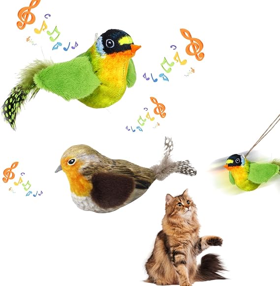 Abnaok 2PCS Chirping Bird Cat Toy with Elastic Rope, Simulation Bird Design, Interactive Toys for Indoor Kitty Kitten Exercise, Suitable for Indoor/Outdoor Cat Exercise (Grey-Orange + Green)