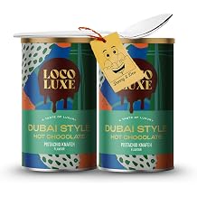 Instant Hot Chocolate Bundle Includes: 2x Loco Luxe Dubai Style Pistachio Knafeh Hot Chocolate Gift Sets Powder Drink Mix (250g each tin) bundled with 1x Stainless Little Spoon by Donny & Dev