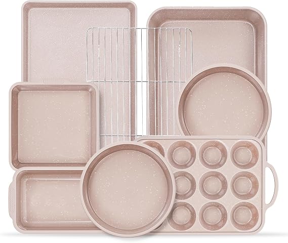 Vinino 8-Piece Baking Pans Set Nonstick, Bakeware Set includes Silicone Muffin, Loaf, Cake Pans with Metal Reinforced Frame, and Carbon Steel Roasting Pan, Cookie Sheet, Cooling rack for Oven
