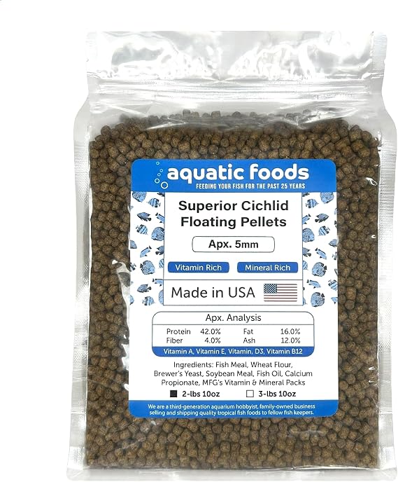 Superior Cichlid 5.5mm Floating Pellets. 42% Protein Premium Pellets for All Medium & Medium Large Central and South American Cichlids...2-lbs 10oz Clear Bag