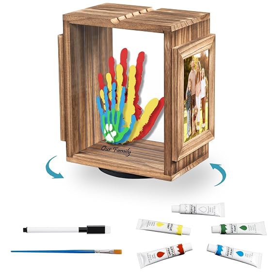 Emfogo 360 Rotating Family Handprint Kit, DIY Craft Keepsake Wooden Frame, Baby Footprint Kit, 5 Paint Colors Included, Non-Toxic Paints&Transparent Sheets, Gifts for Handprint Family Keepsake(Brown)