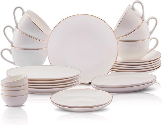 Karaca Marcelo Gold Breakfast Set for 6 People - 26-Piece Crockery Set with Plates and Bowls Set, New Generation Bone, Round Serveware Set & White Gold Dinner Set