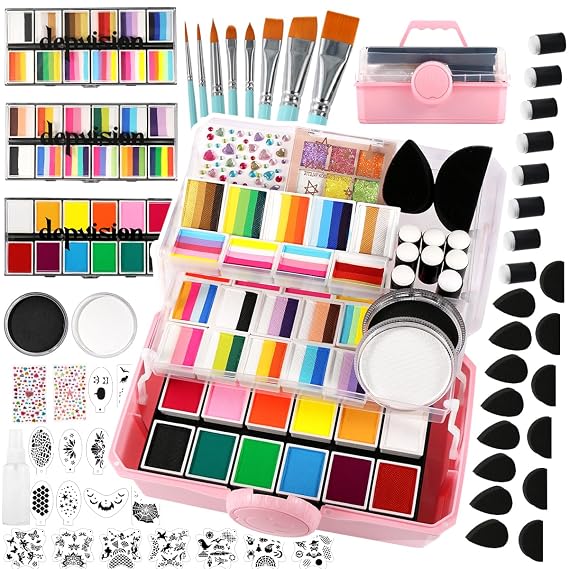 Professional Face Painting kit 110 Colors Split Cake Face Paint 96 pcs Set Non-Toxic Washable & Safe with Brushes Sponges Glitter Stencils for Halloween Makeup Kit for Pro Face Painter full kit
