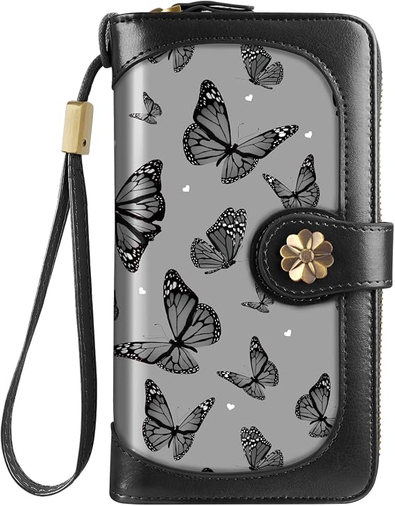 Coco Rossi Black Butterfly Wallet Women Large Capacity Card Holder Wristlet