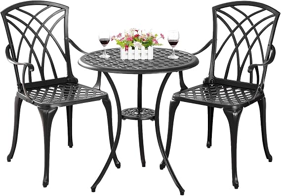 Bistro Set 3 Piece Outdoor, Cast Aluminum Bistro Table Set All Weather Patio Bistro Sets Furniture with Umbrella Hole for Front Porch, Patio, Balcony (Woven, Black)