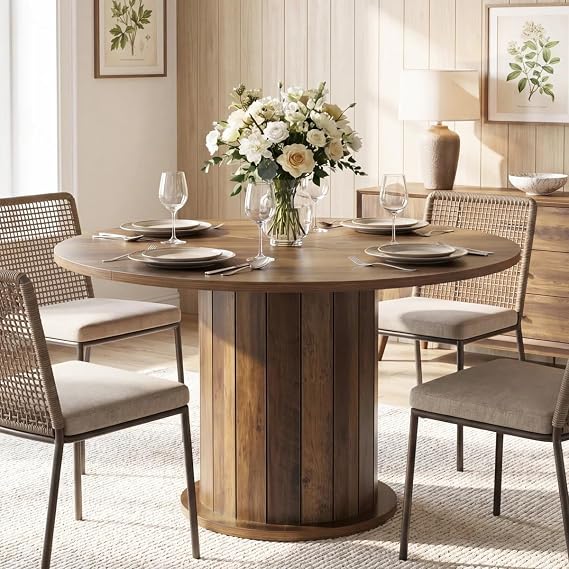 Tribesigns Round Dining Table, 120CM Wood Kitchen Table for 4-6 People, Large Dining Room Table with Wood Strip Base for Living Room, Home, Apartment, Light Brown