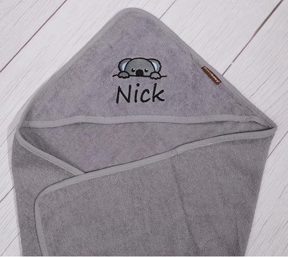 BotoBaby® Hooded Towel with Name Embroidered Towel with Hood 100% Cotton 100 x 100 cm 75 x 75 cm Gift Birth Christening (Grey - Hood Embroidery 75 x 75 cm)