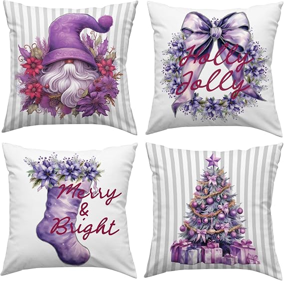 Lanola Purple Christmas Throw Pillow Covers 18x18 Inch, Set of 4, Short Plush Cushion Covers with Santa, and Bowknot Wreath Designs, Christmas Decorations for Sofa, Couch, Bed, Holiday Home Decor