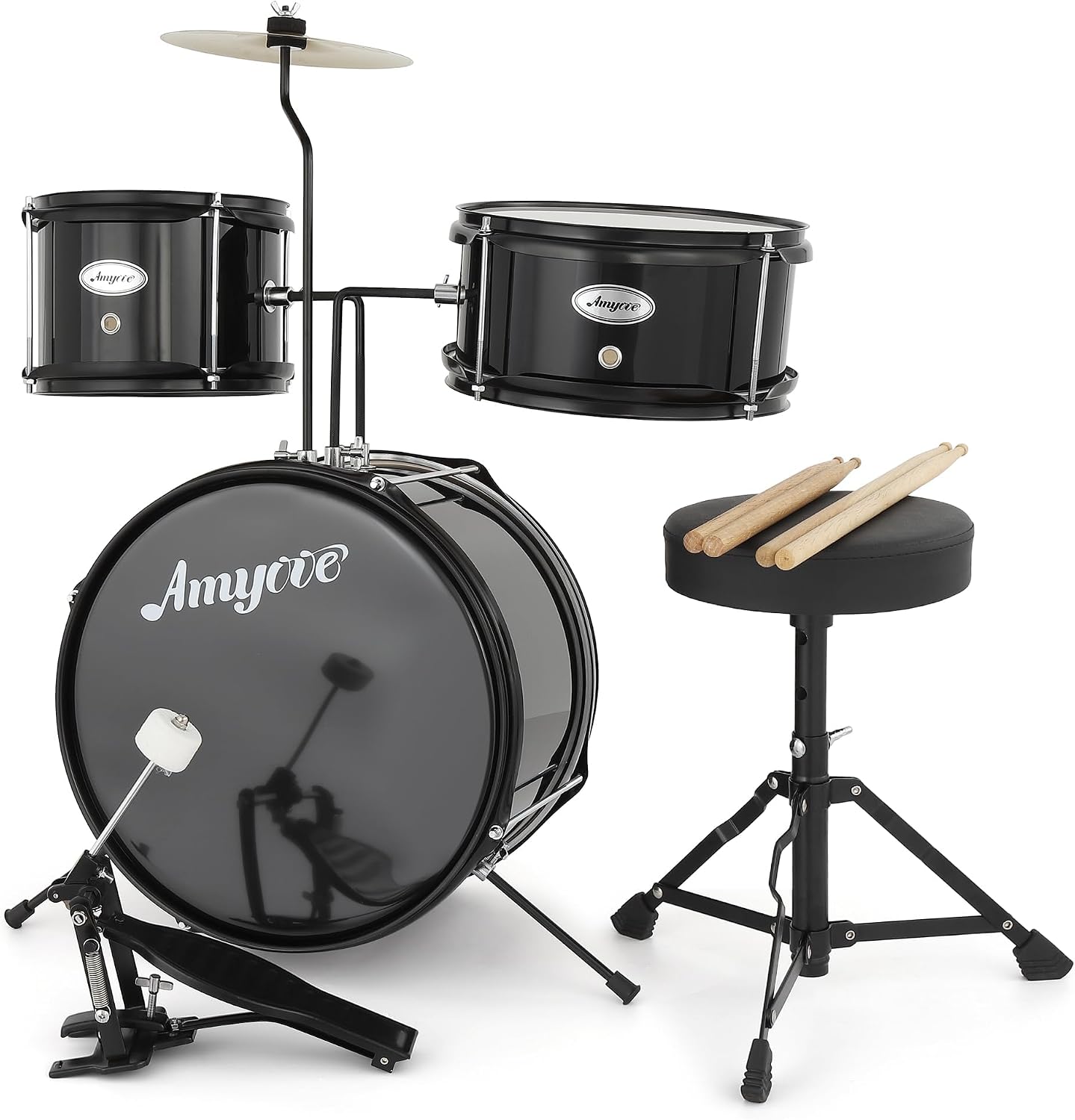 AD-100 Drum Set, Drum Set for Musical Instruments, Bass Drum Kit for Beginner with CymbalM, Tom,Bass Drum, Drumsticks and Bass Pedal, Junior Drum Set with Drum Stool, 3-Piece Drum Set, Black