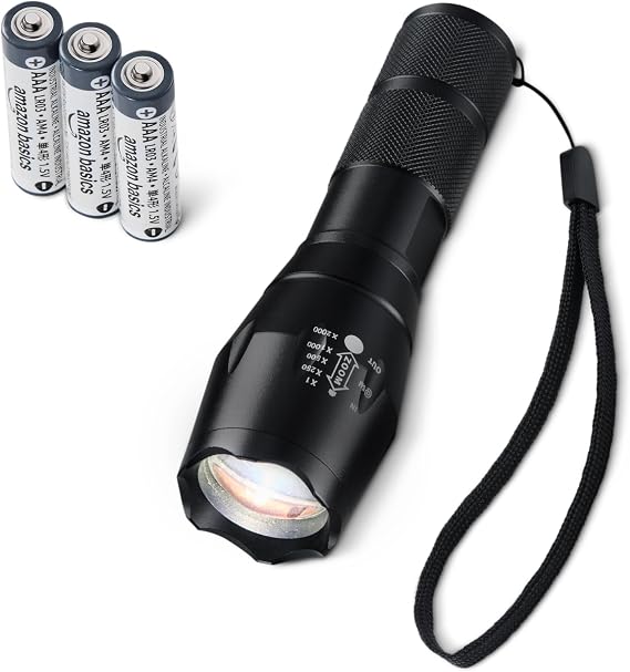 Amazon Basics Handheld LED Flashlight, 200 Lumen, Adjustable Brightness Focus, 5 Light Modes, Water Resistant IPX4, Black