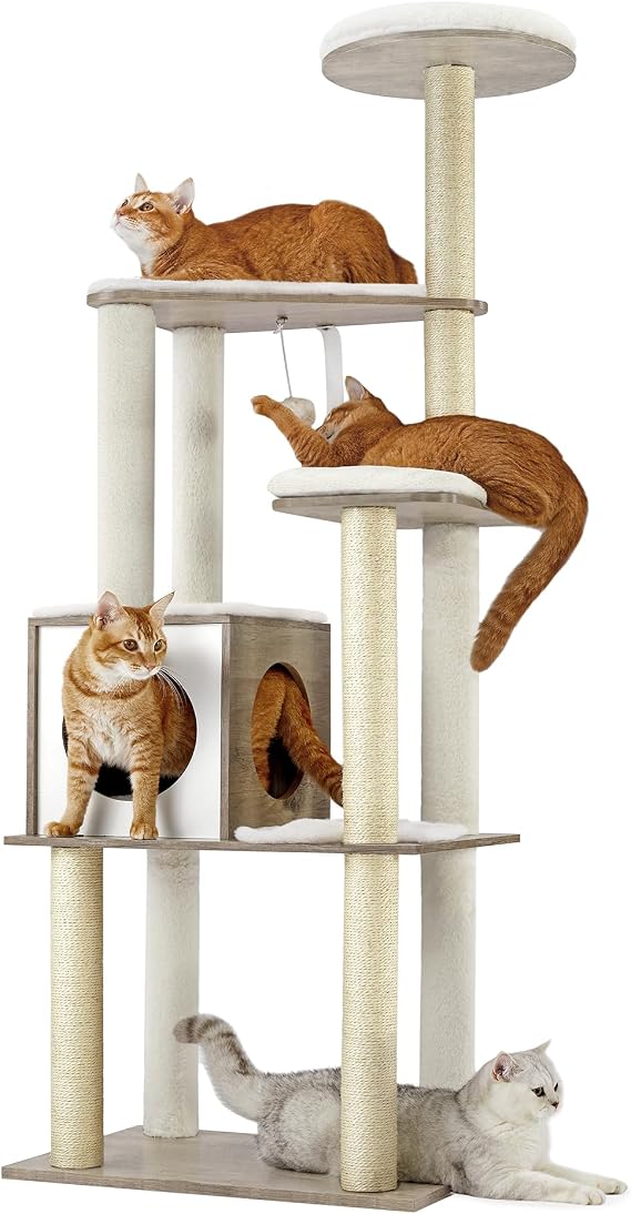 Feandrea Cat Tree, 64.6-Inch Multi-Level Tower with 5 Scratching Posts