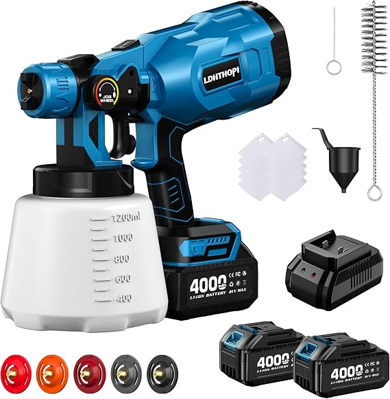 Cordless Paint Sprayer with 2 Batteries, 1000W HVLP 21V Battery Powered Handheld Paint Gun Kit, 5 Nozzles & 3 Spray Patterns, Electric Paint Sprayer for House Painting Graffiti Fence Wall