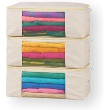 Cotton Canvas Clothes Storage Bags - Wardrobe Organizer Saree Covers with Zip Specially Designed for Women's Dresse, Saree, Lehenga | Storage Bag for Clothes (17 x 14 x 7 Inch) - Pack of 3