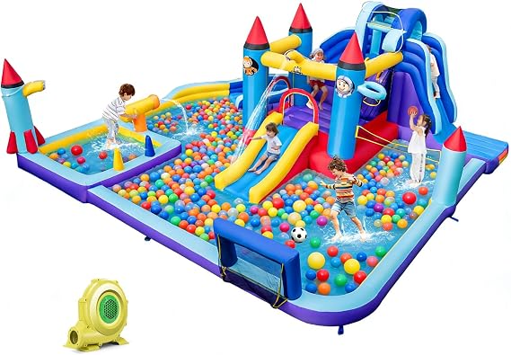 BOUNTECH Inflatable Water Slide Park, 10-in-1 Mega Kids Water Slide Jump Castle w/Huge Splash Pool, Dual Slides, Football Gate, Blow Up Water Bounce House for Big Kids Outdoor Backyard Party Gifts