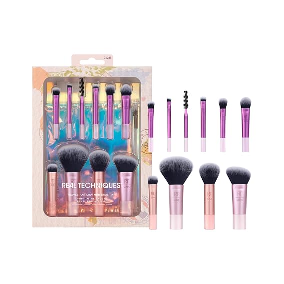 Real Techniques 11-Piece Travel Fantasy Mini Brush Kit, Makeup Brushes | Travel makeup brushes for foundation, eyeshadow, blush and contour, includes mini makeup bag, cruelty-free