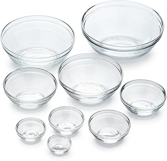 Duralex Le Gigogne Glass Mixing Bowl Set 9-Piece Clear Stackable Prep Bowls Made of Durable Glass