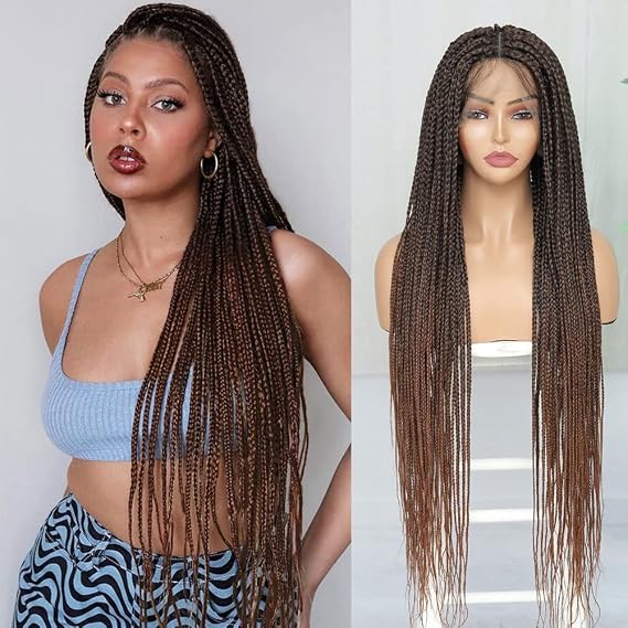 SOKU Ombre Brown Box Braid Wig 32 Inch Double Full Transparent Lace Pre Plucked with Baby Hair Knotless Square Braided Lace Wigs for Women