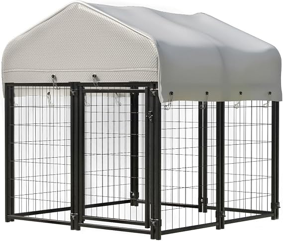 8 Panels Welded Wire Large Dog Kennel Outdoor with Roof Heavy Duty Dog Kennel Indoor Outdoor Dog House Outside Dog Enclosure Yard Pet Playpen Pen Fence for Large Medium Small Dogs 4'x4'x4.4'