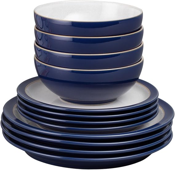 Denby Elements Dark Blue Dinner Set - 4/12 Piece Ceramic Tableware - Dishwasher & Microwave Safe - 4 Dinner Plates, 4 Medium Plates, 4 Cereal Bowls