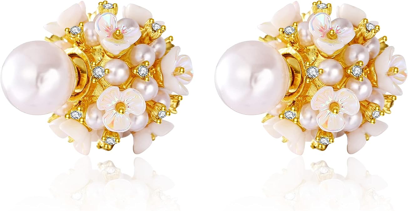 Pearl Flower Ball Stud Earrings - White Cute Ball Back Earrings for Women