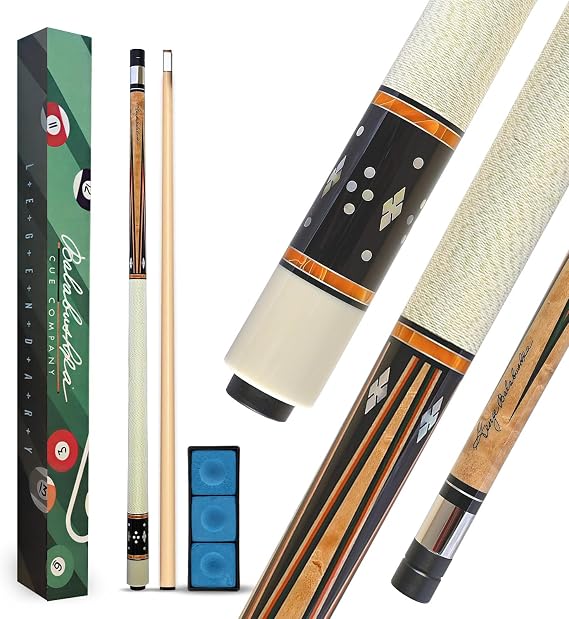Balabushka GB-23 Pool Cue W/Ebony Splice, MOP Notched Diamond Inlays | Birdseye Maple, colored Veneers, Butt Sleeve with Bronze Pearlescent Rings, Silver & Black Phenolic Rings, Juma Ferrule