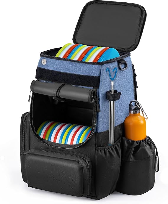 UNIHIMAL Disc Golf Bag, Heavy Duty 600D Polyester, Disc Golf Backpack with Insulated Cooler and Multiple Pockets, 26+ Capacity, Lightweight and Durable (Blue)