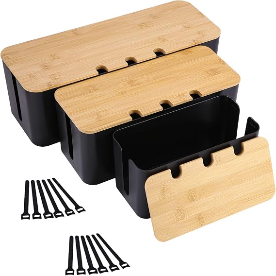 Azyvum Pack of 3 Cable Management Boxes Cable Box Storage Box for Cables with Bamboo Lid Wire Storage Box for Hiding Cables Organise Computer Wiring Loose Wires