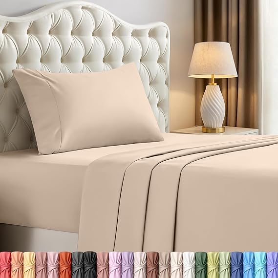 Twin Sheets Set, 3 Pieces 16" Deep Pocket Hotel Luxury Bed Sheets, Beige